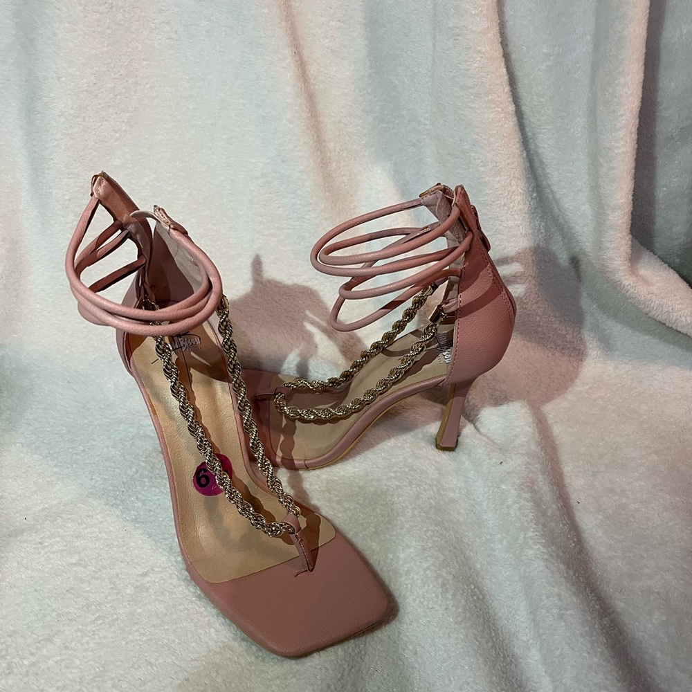 Strappy Pink High Heel Sandals with Decorative Chain